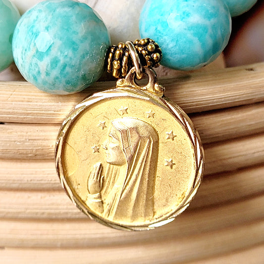 Brazilian Amazonite Faceted 14mm Beaded Bracelet w/ Large Gold-plated Medal of The Virgin Mary