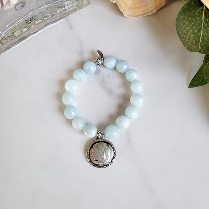 Aquamarine Faceted 12mm Beaded Bracelet w/ Signed Silver Medal of Our Lady of Lourdes