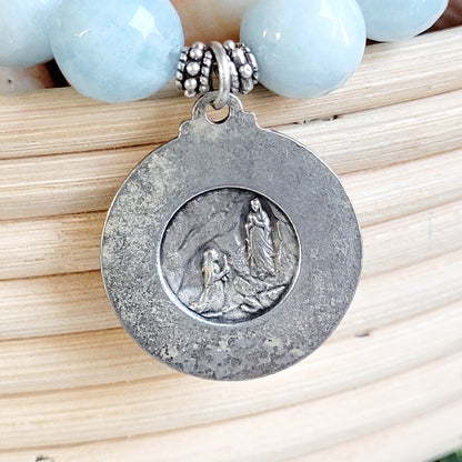 Aquamarine Faceted 12mm Beaded Bracelet w/ Signed Silver Medal of Our Lady of Lourdes