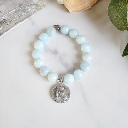 Aquamarine Faceted 12mm Beaded Bracelet w/ Sterling Silver Medal of St. Angela and St. Ursula
