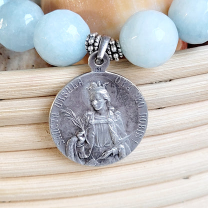 Aquamarine Faceted 12mm Beaded Bracelet w/ Sterling Silver Medal of St. Angela and St. Ursula