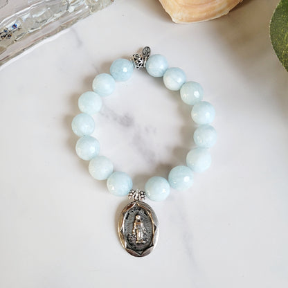 Aquamarine Faceted 12mm Beaded Bracelet w/ Silver Medal of Immaculate Mary
