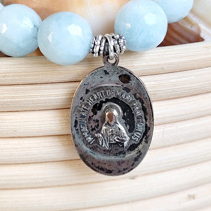 Aquamarine Faceted 12mm Beaded Bracelet w/ Silver Medal of Immaculate Mary
