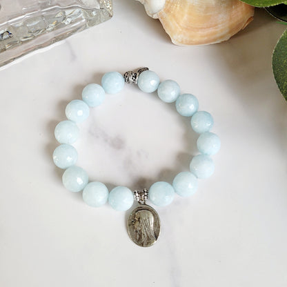 Aquamarine Faceted 12mm Beaded Bracelet w/ Silver Our Lady of Lourdes Medal