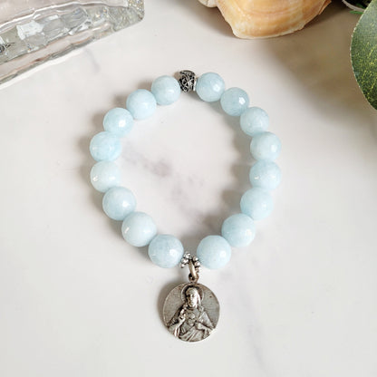 Aquamarine Faceted 12mm Beaded Bracelet w/ Silver Signed Medal of The Sacred Heart of Jesus