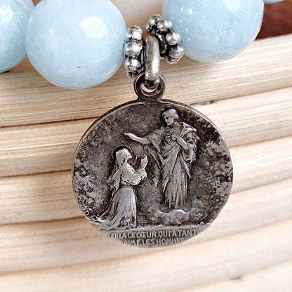 Aquamarine Faceted 12mm Beaded Bracelet w/ Silver Signed Medal of The Sacred Heart of Jesus