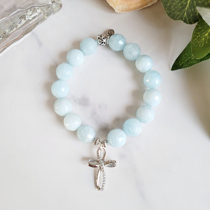 Aquamarine Faceted 12mm Beaded Bracelet w/ Sterling Silver Cross with Rhinestones