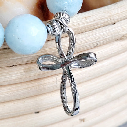 Aquamarine Faceted 12mm Beaded Bracelet w/ Sterling Silver Cross with Rhinestones