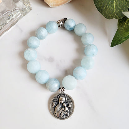 Aquamarine Matte 16mm Beaded Bracelet w/ Large Signed Silver Medal of Our Lady of Perpetual Help