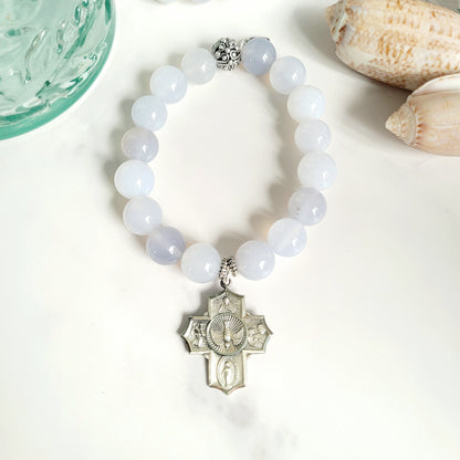 Moonstone Light Blue 12mm Beaded Bracelet w/ Signed Sterling Silver Four Way Cross