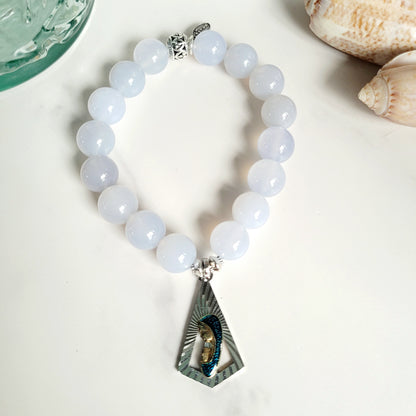 Moonstone Light Blue 12mm Beaded Bracelet w/ Signed Sterling Silver Enameled Medal with Head of Mary