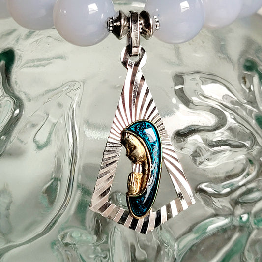 Moonstone Light Blue 12mm Beaded Bracelet w/ Signed Sterling Silver Enameled Medal with Head of Mary