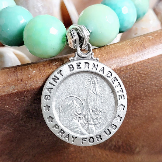 Chrysoprase Australian Faceted 10mm Beaded Bracelet w/ Signed Pewter Medal of St. Bernadette