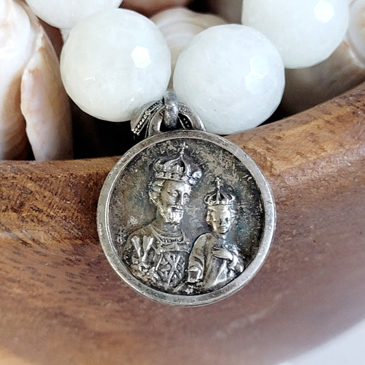 White Moonstone 12mm Beaded Bracelet w/ Signed Silver Medal of St. Joseph with the child Jesus