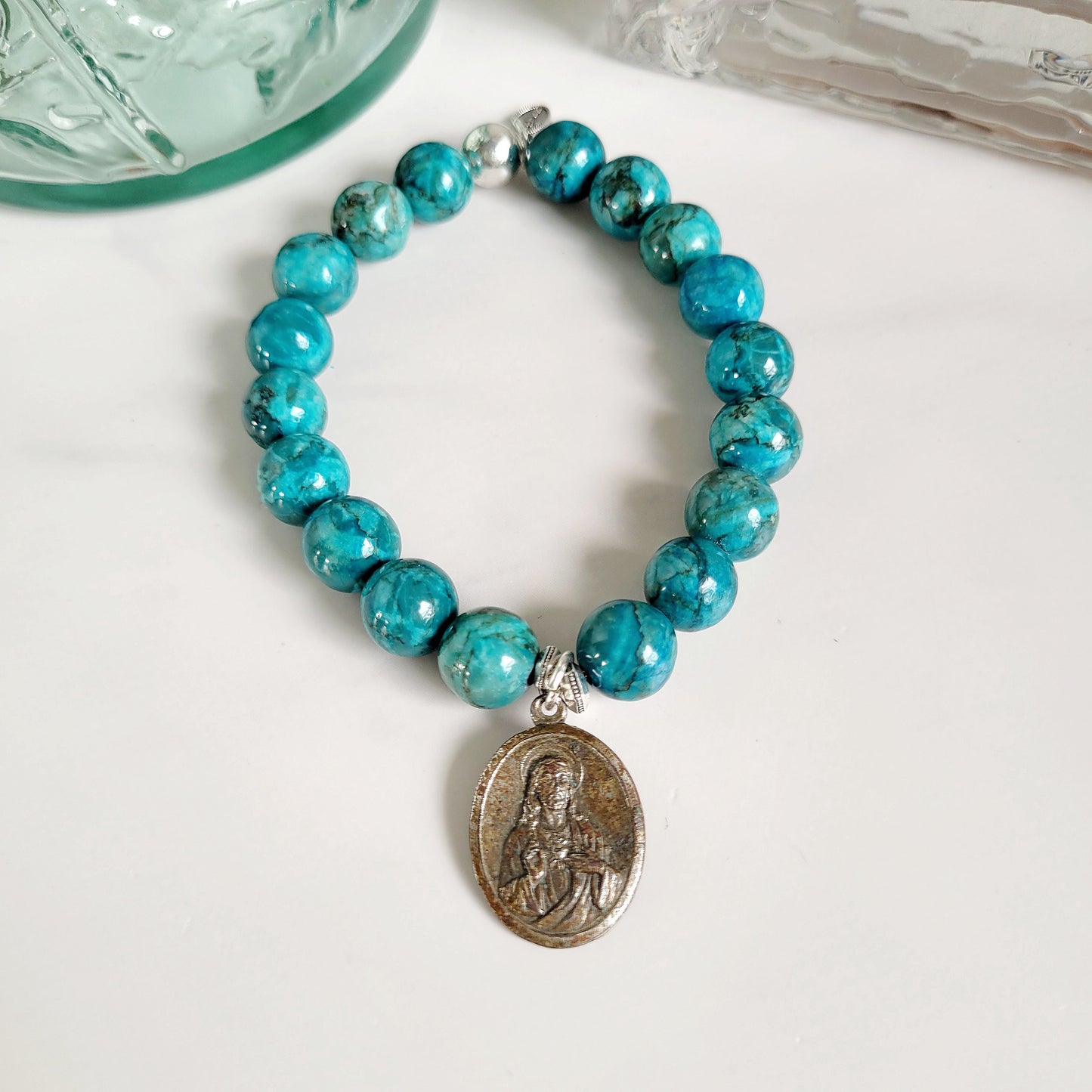 Larimar Blue 10mm Beaded Bracelet w/ Vintage Sacred Heart of Jesus Medal