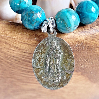 Larimar Blue 10mm Beaded Bracelet w/ Vintage Sacred Heart of Jesus Medal