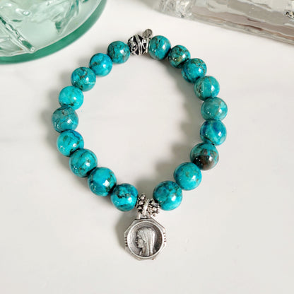 Larimar Blue 10mm Beaded Bracelet w/ Art Deco Silver Plated Medal of Our Lady of Lourdes