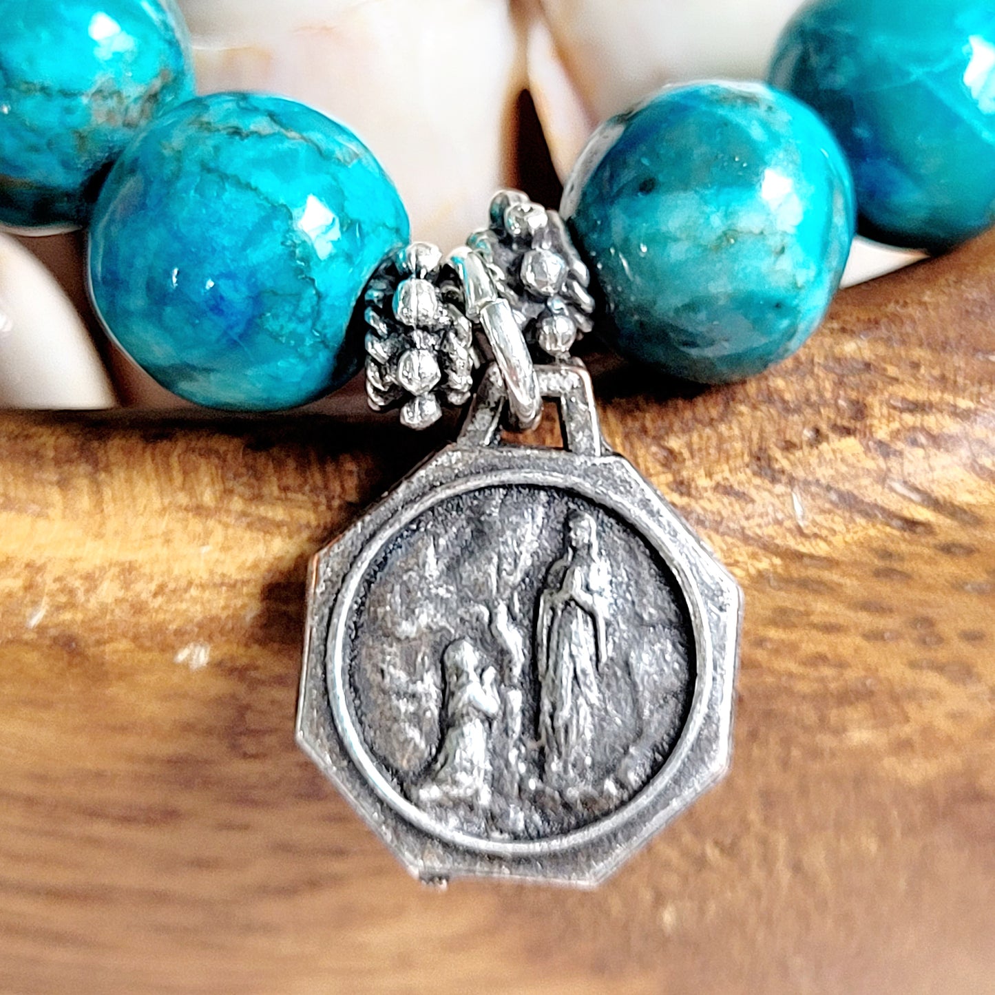 Larimar Blue 10mm Beaded Bracelet w/ Art Deco Silver Plated Medal of Our Lady of Lourdes
