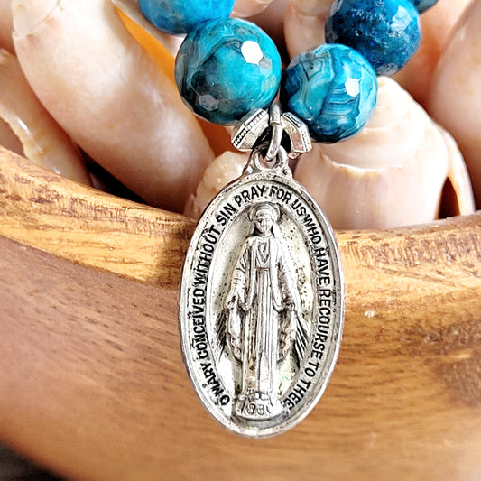 Larimar Blue 10mm Faceted Beaded Bracelet w/ Signed Sterling Silver Miraculous Medal of Mary