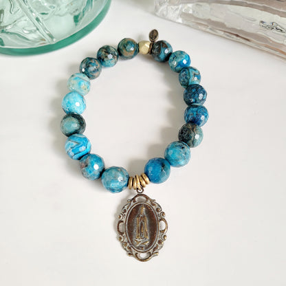 Larimar Blue 10mm Faceted Beaded Bracelet w/ Bronze Art Nouveau Medal of Our Lady of Fatima