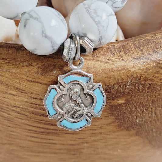 White Howlite 10mm Beaded Bracelet w/ Silver Plate Blue Enamel Medal of Our Lady of Perpetual Help