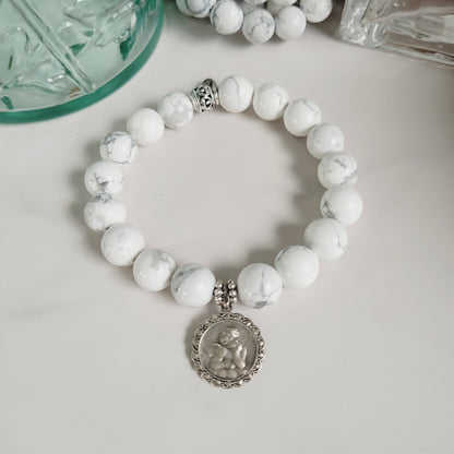 White Howlite 10mm Beaded Bracelet w/ Signed Sterling Silver Angel Medal