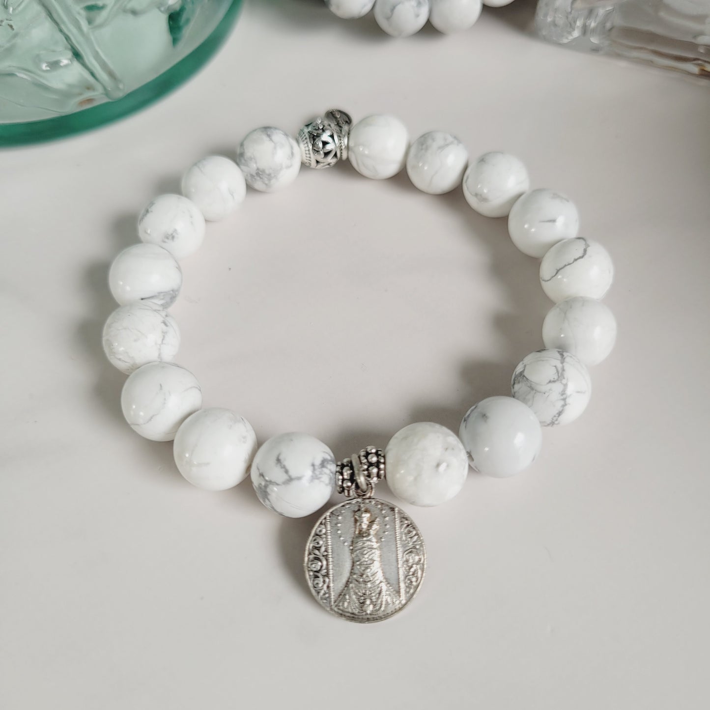 White Howlite 10mm Beaded Bracelet w/ Silver Plated Medal of Our Lady of the Olives