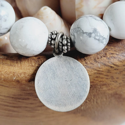 White Howlite 10mm Beaded Bracelet w/ Silver Plated Medal of Our Lady of the Olives