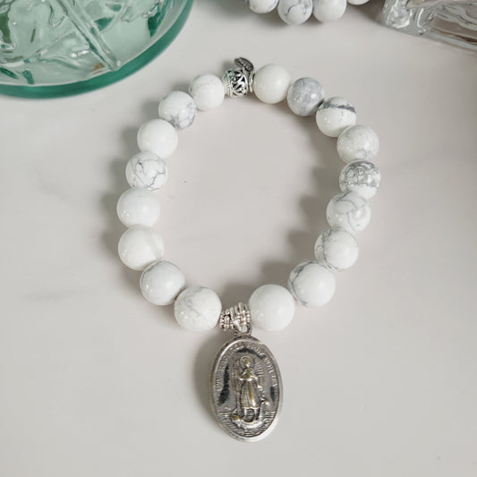 White Howlite 10mm Beaded Bracelet w/ Silver Plated Signed medal of St. Raphael and St. Martin of Porres