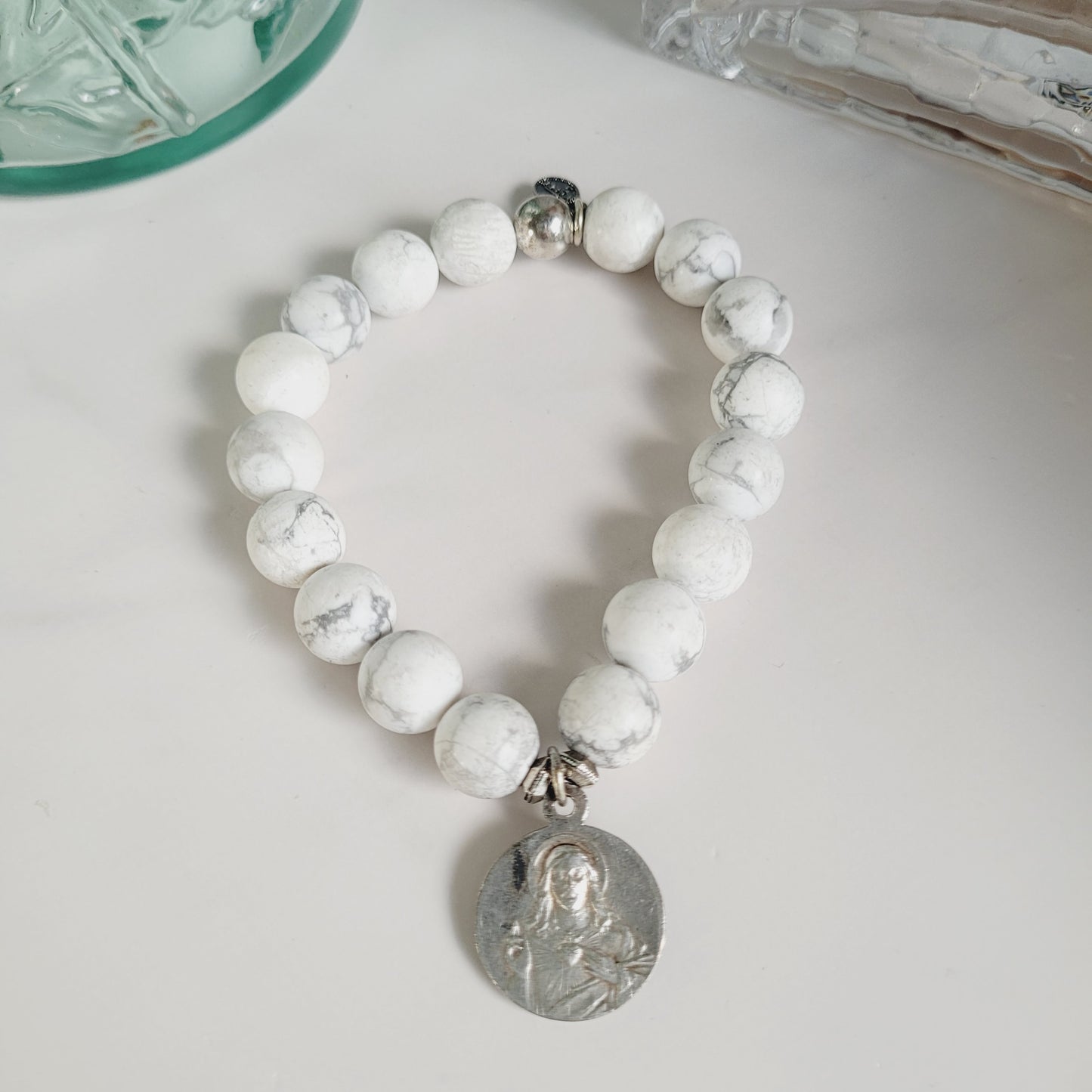 White Howlite Matte 10mm Beaded Bracelet w/ Silver Sacred Heart of Jesus Medal & Our Lady of Mount Carmel