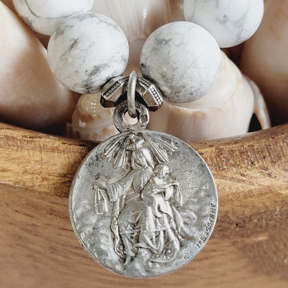 White Howlite Matte 10mm Beaded Bracelet w/ Silver Sacred Heart of Jesus Medal & Our Lady of Mount Carmel