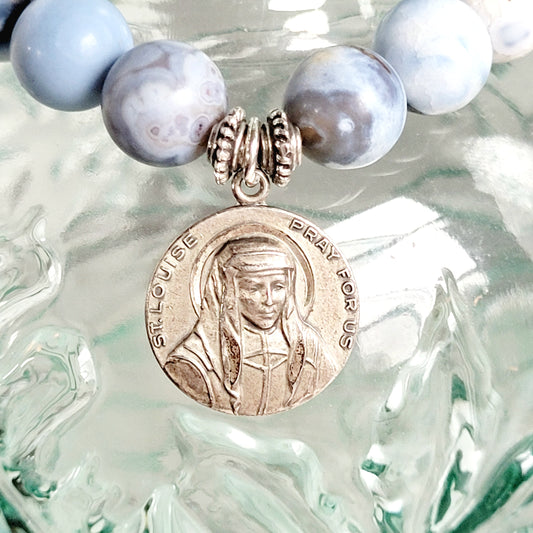 Storm Line Agate Light Matte 10mm Beaded Bracelet w/ Signed Sterling Silver Medal of St. Louise