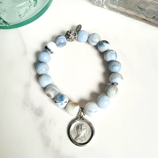 Storm Line Agate Light Matte 10mm Beaded Bracelet w/ Large Silver Plated Medal of Our Lady of Lourdes