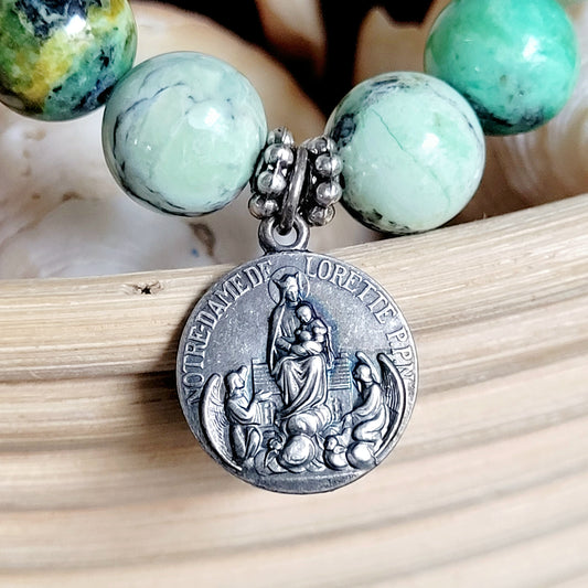 Grass Green Turquoise 10mm Beaded Bracelet w/ Signed Silver Plated Medal of Our Lady of Loreto
