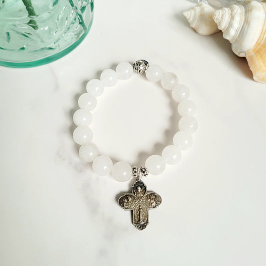 White Jade 10mm Beaded Bracelet w/ Silver Plated Vintage Four Way Cross