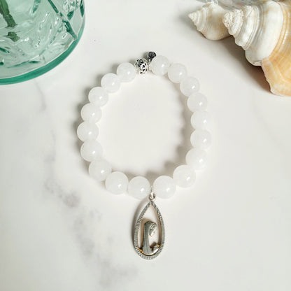 White Jade 10mm Beaded Bracelet w/ Silver Plated Open Work Image of Our Lady of Lourdes