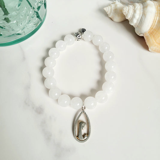 White Jade 10mm Beaded Bracelet w/ Silver Plated Open Work Image of Our Lady of Lourdes