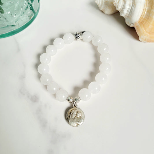White Jade 10mm Beaded Bracelet w/ Silver Plated Signed Medal of Our Lady of Good Counsel