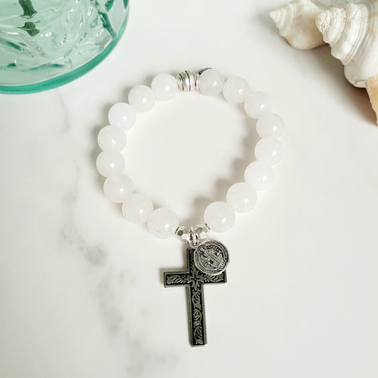White Jade 10mm Beaded Bracelet w/ Deeply Embossed Silver Cross with St. Benedict Medal