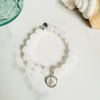 White Jade 10mm Beaded Bracelet w/ Silver Plated Rimmed Medal of St. Anthony & Our Lady of Lourdes