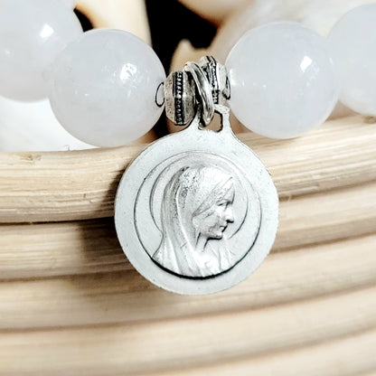 White Jade 10mm Beaded Bracelet w/ Silver Plated Rimmed Medal of St. Anthony & Our Lady of Lourdes