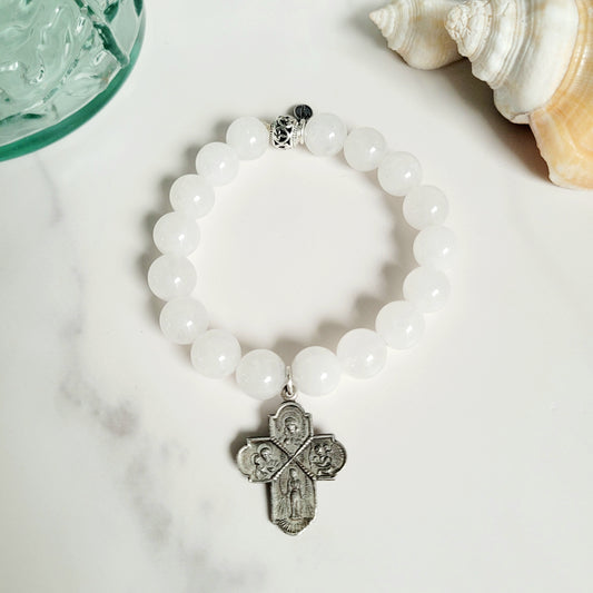 White Jade 10mm Beaded Bracelet w/ Silver Plated Four Way Cross