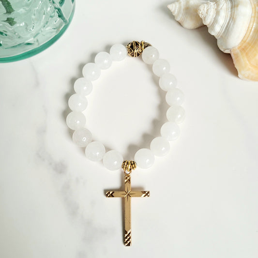 White Jade 10mm Beaded Bracelet w/ Gold Plated Simply Decorated Cross