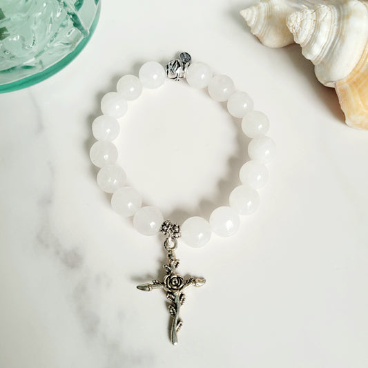 White Jade 10mm Beaded Bracelet w/ Silver Plated Rose & Vines Cross
