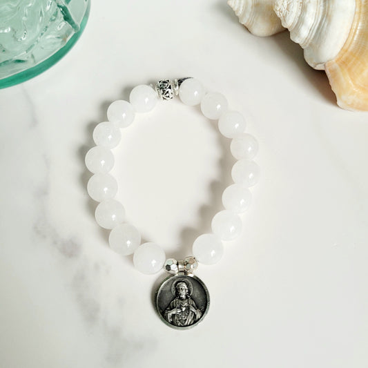 White Jade 10mm Beaded Bracelet w/ Signed Silver Plated Image of the Sacred Heart of Jesus