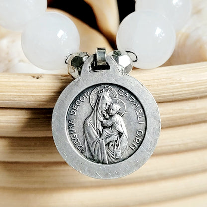 White Jade 10mm Beaded Bracelet w/ Signed Silver Plated Image of the Sacred Heart of Jesus