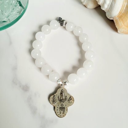 White Jade 10mm Beaded Bracelet w/ Silver Plated Four Way Cross