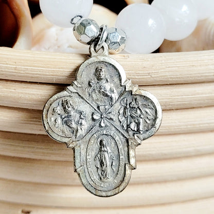 White Jade 10mm Beaded Bracelet w/ Silver Plated Four Way Cross