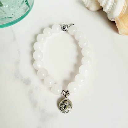 White Jade 10mm Beaded Bracelet w/ Signed Silver Plated Medal of St. Anthony of Padua