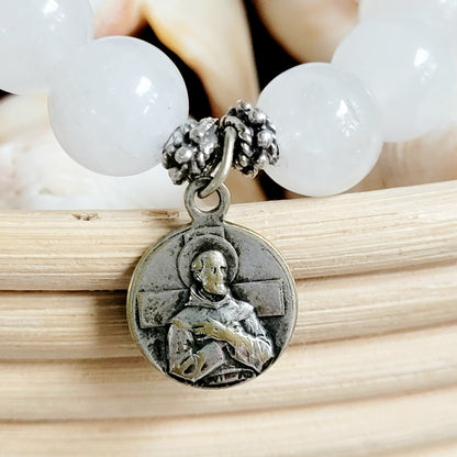 White Jade 10mm Beaded Bracelet w/ Signed Silver Plated Medal of St. Anthony of Padua